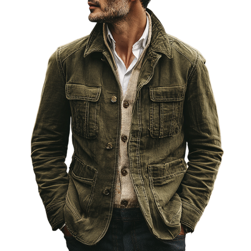 Men's Washed Cotton Lapel Multi-pocket Single Breasted Jacket MTA0470I8Z