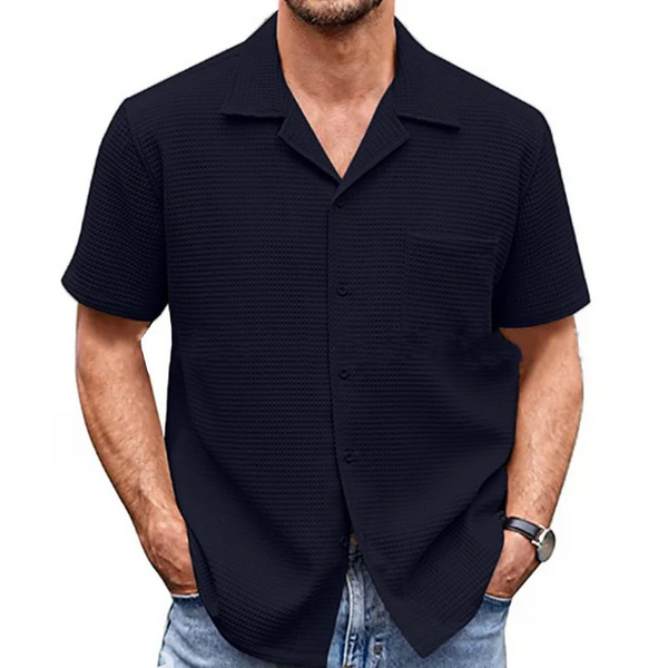 Men's Casual Lapel Solid Color Short Sleeve Waffle Shirt 88767872M