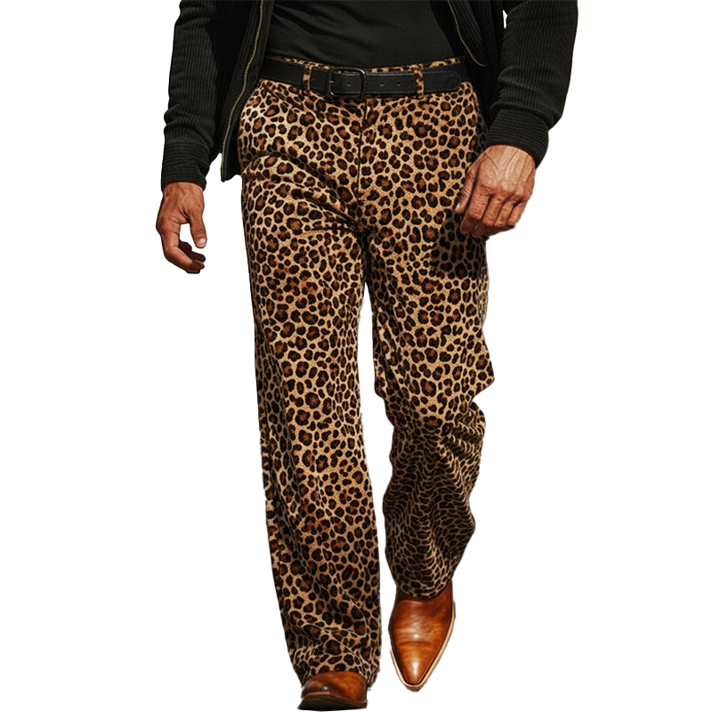 Men's Vintage Leopard Print Velvet Casual Trousers (belt Not Included) MTA2901L0P