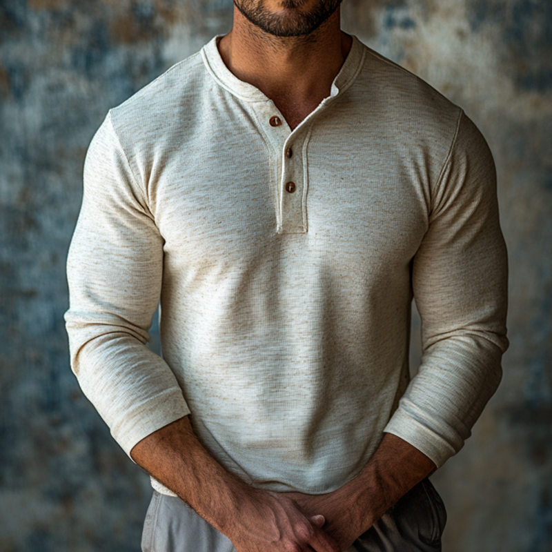 Men's Cotton Blend Long-sleeved Henley Collar T-shirt MTA2008K4X