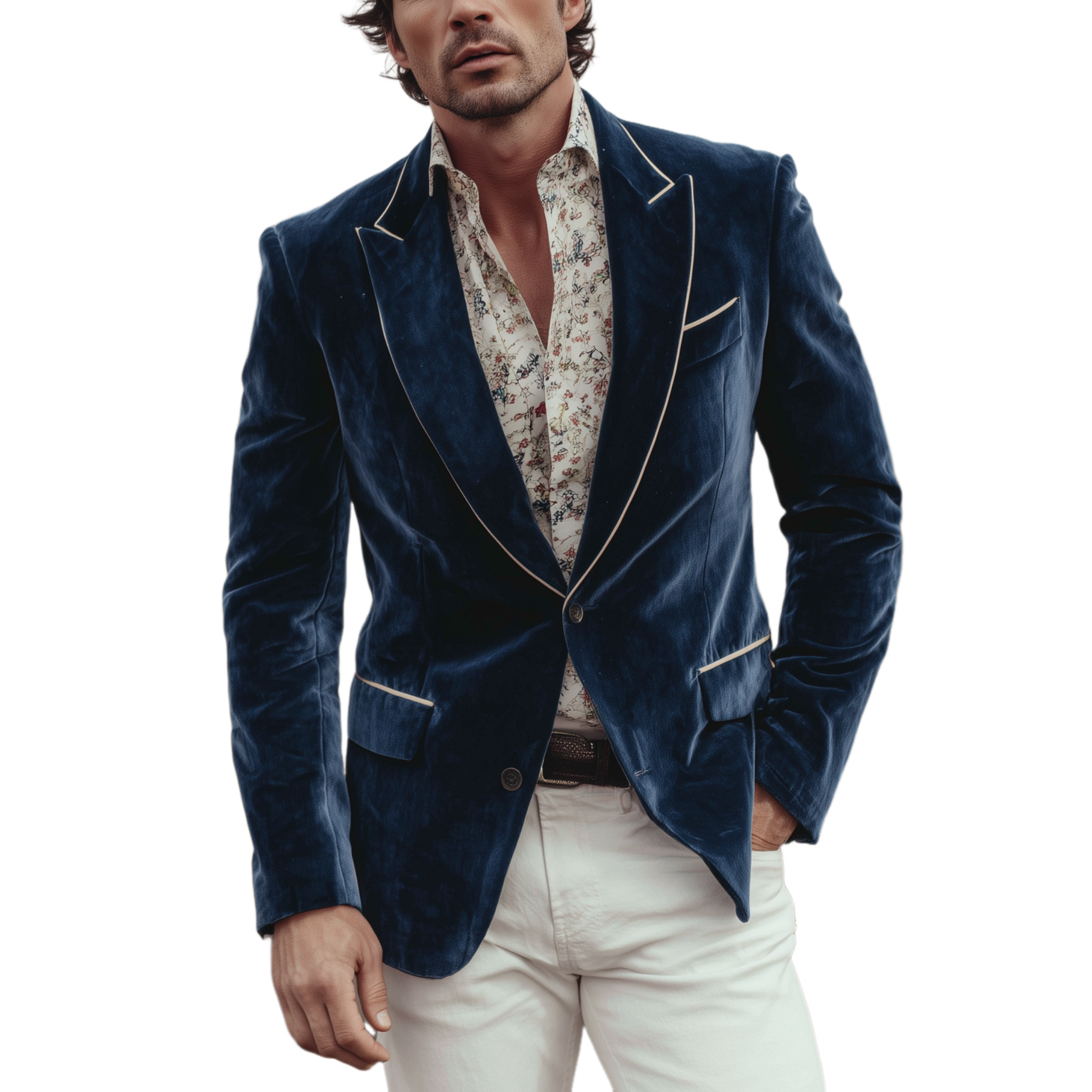 Men's Classic Retro Western Style Velvet Single-breasted Slim-fit Blazer MTA2508H2K