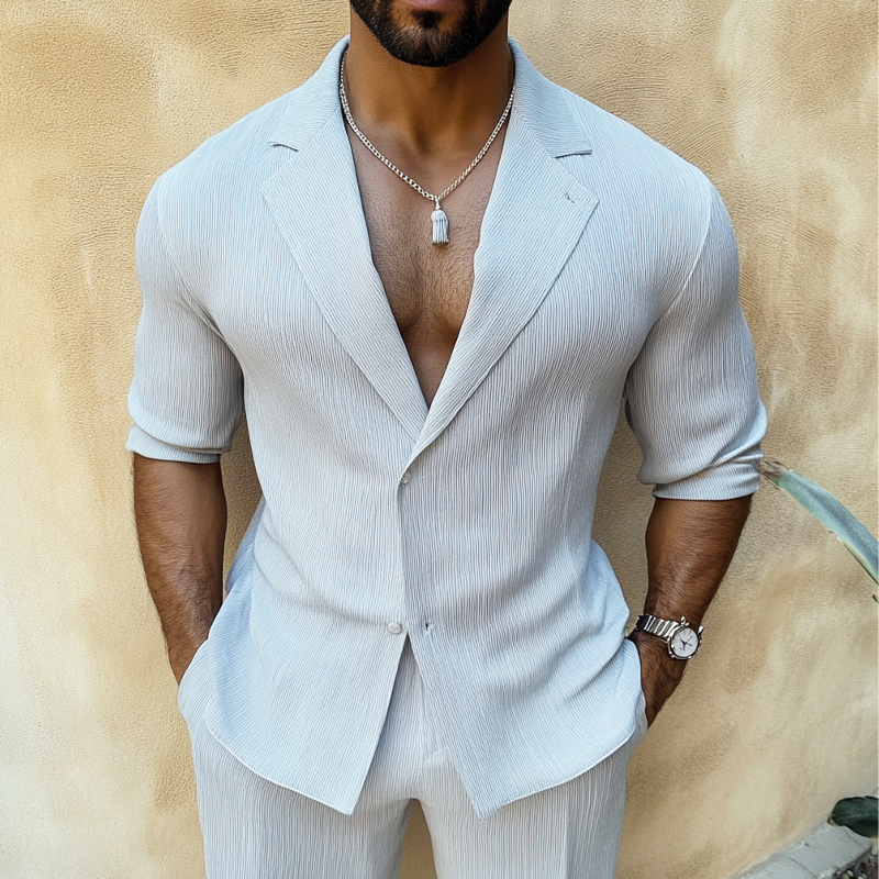 Men's Solid Color Striped Suit Collar Long Sleeve Shirt MTA3113G2X