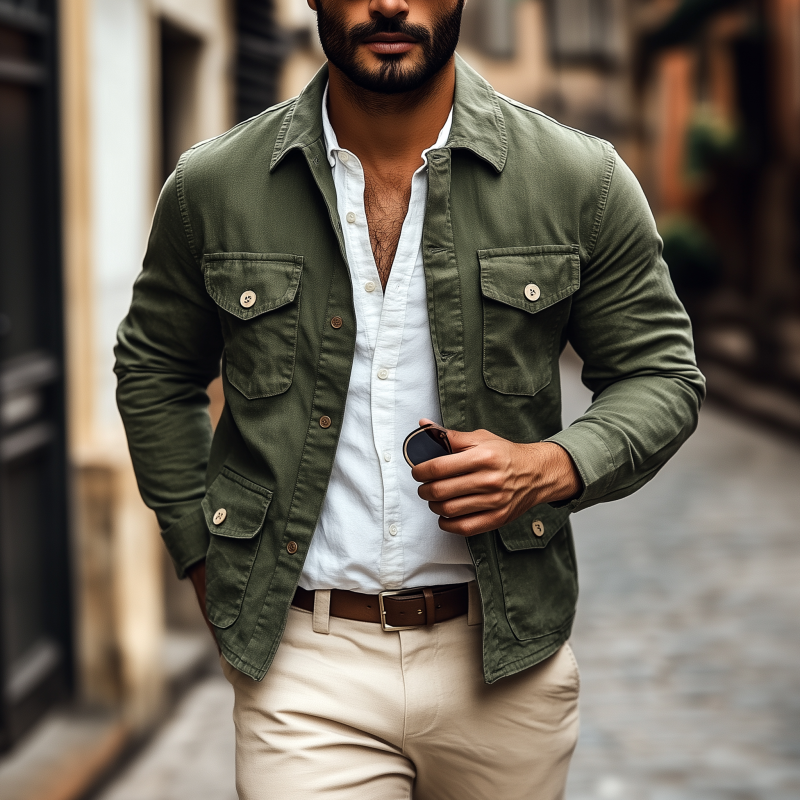 Men's Casual Breathable Cotton Washed Distressed Lapel Single-breasted Multi-pocket Work Jacket MTA0688H8M