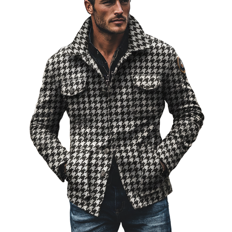 Men's Houndstooth Jacquard Lapel Multi-Pocket Jacket MTA2417I0X