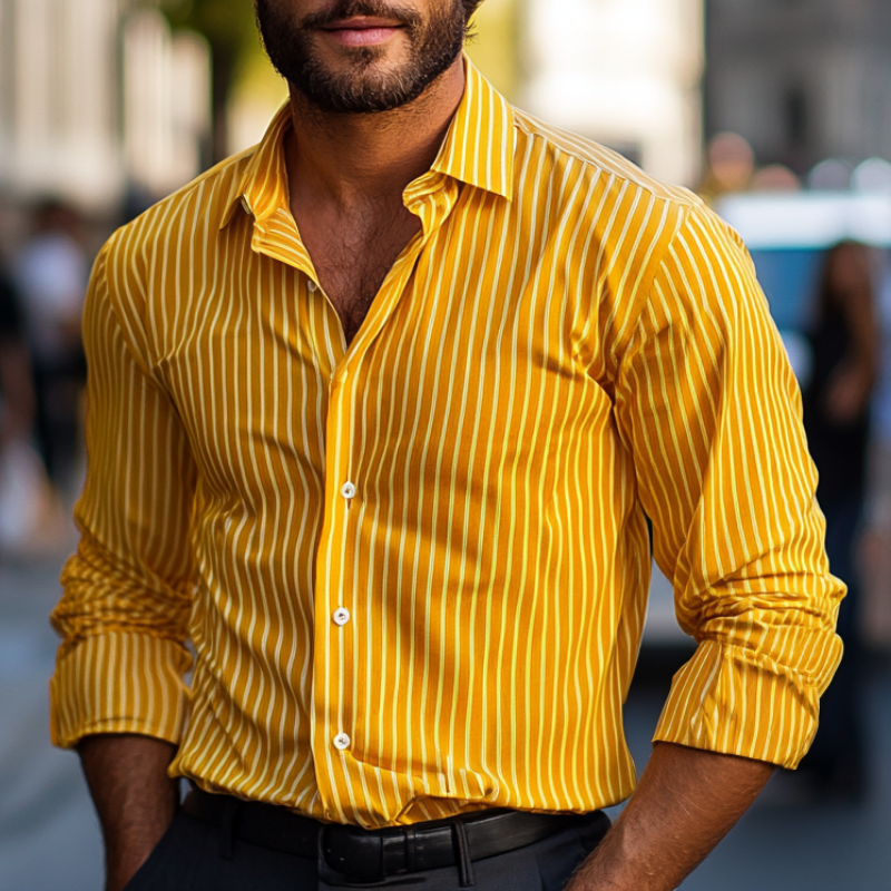 Men's Yellow Striped Lapel Long Sleeve Shirt 33587996F