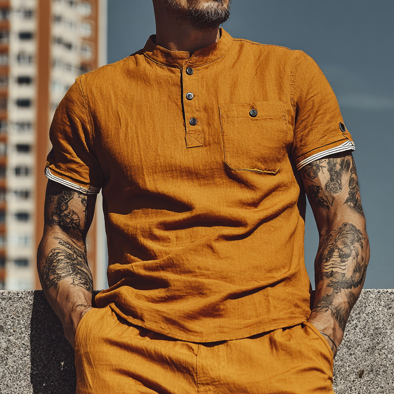 Men's Cotton And Linen Stand Collar Contrast Color Short Sleeve Shirt MTA2760F7X