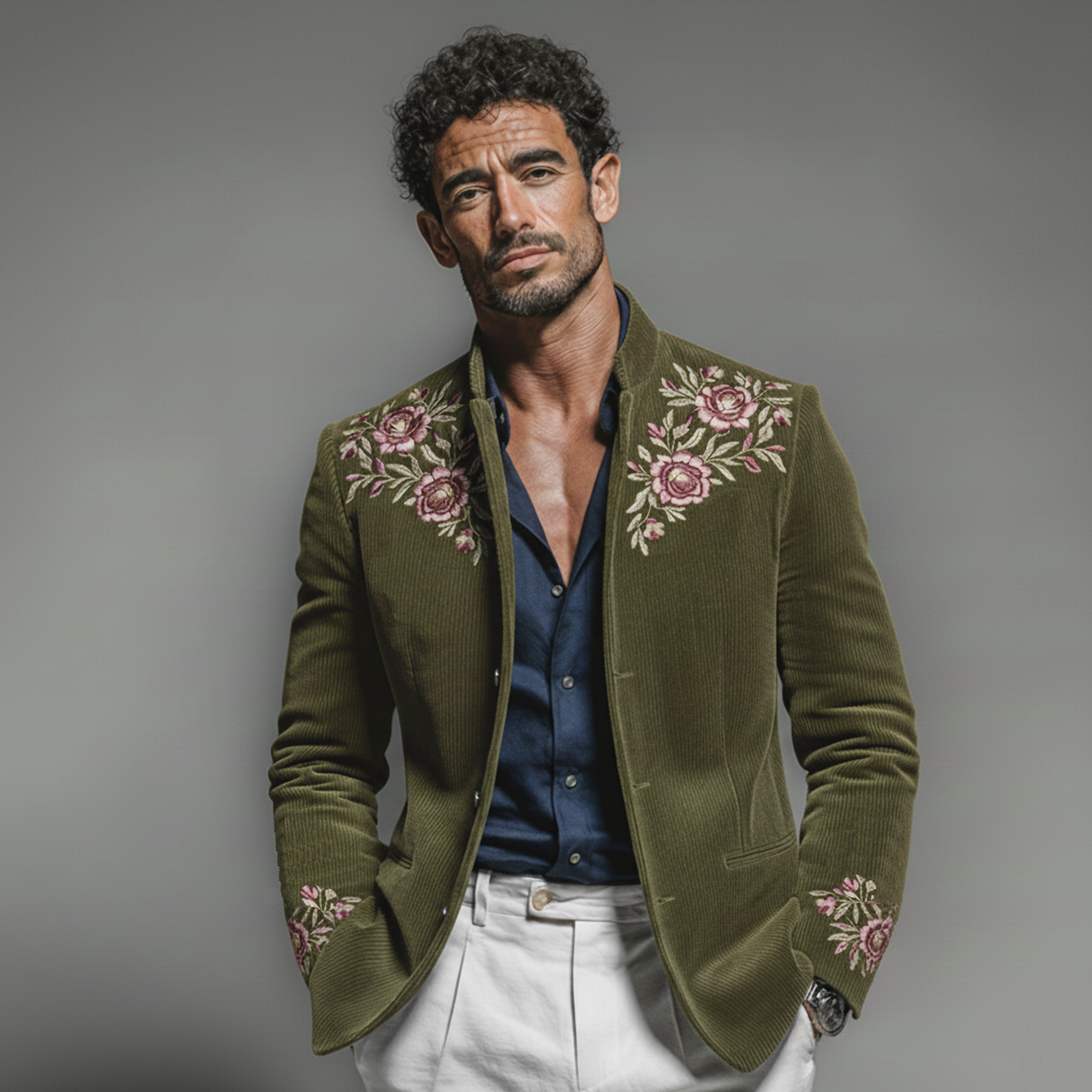 Men's Classic Retro Embroidered Corduroy Stand Collar Jacket MTA2971K4K