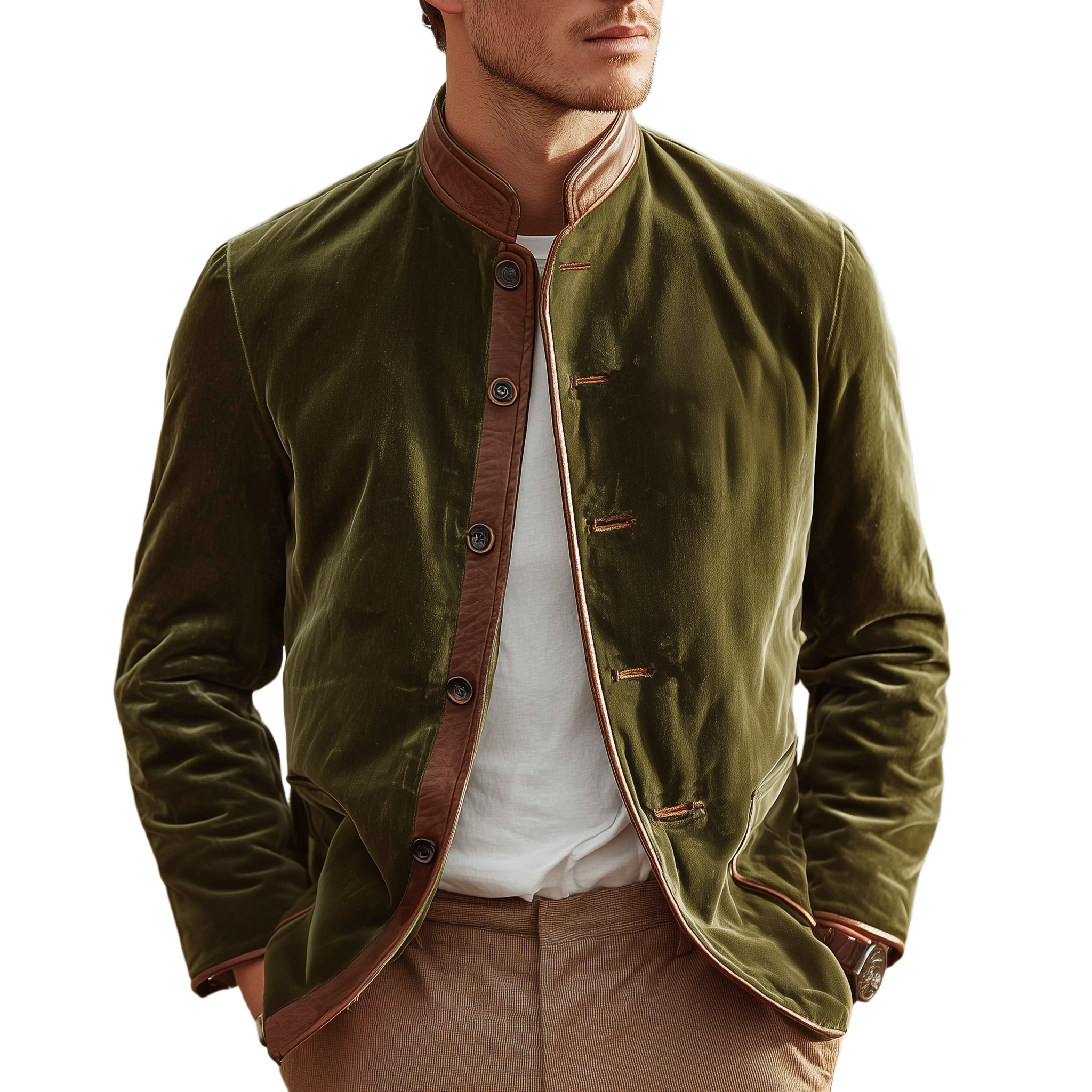 Men's Classic Retro Western Style PU Leather Stand Collar And Placket Slim Fit Velvet Jacket MTA1392I8K