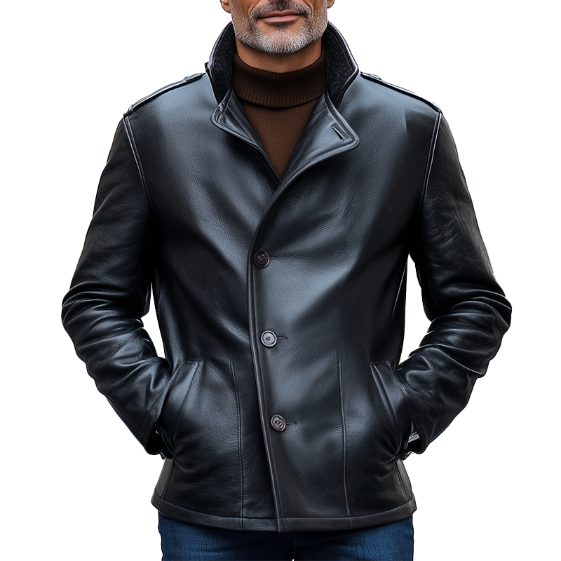 Men's Vintage Simple Stand-collar PU Faux Leather Button-up Jacket MTA1615L9P