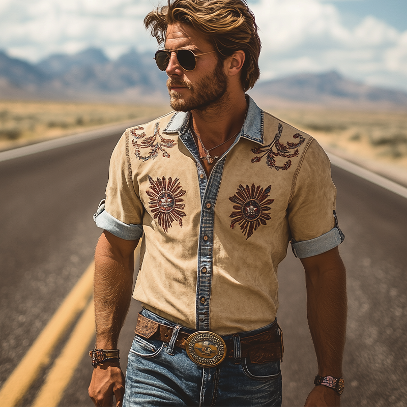 Men's Summer Fashion Retro Western Cowboy Style Denim Stitching Suede Embroidery Short-sleeved Shirt MTA2824D8K