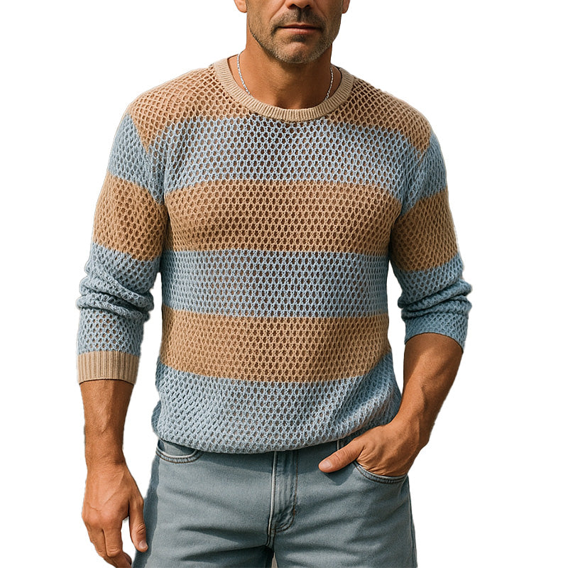 Men's Summer Fashion Breathable Ice-Cool Silk Knitted Hollow Long-Sleeved T-Shirt MTA2695E0P
