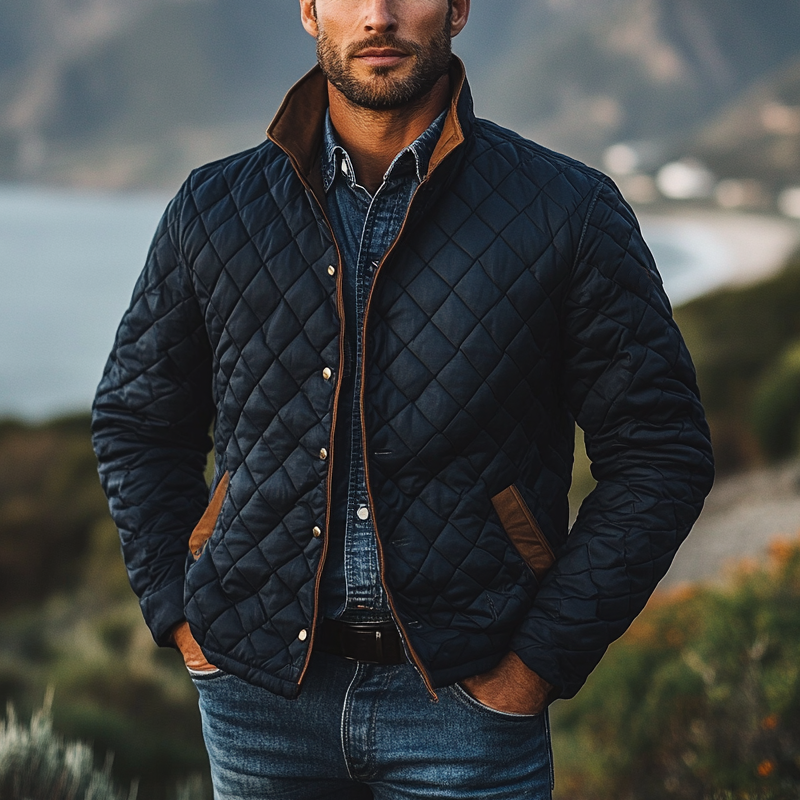 Men's Contrast Quilted Diamond Lapel Button-Down Jacket MTA2396I1X