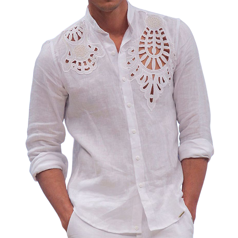 Men's Casual  Hollow Embroidery Cotton And Linen Long-sleeved Shirt 65444671K