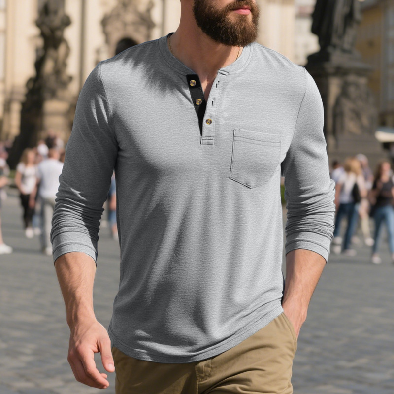 Men's Cotton Blend Colorblock Henley Collar Long Sleeve T-Shirt MTA2837G8X