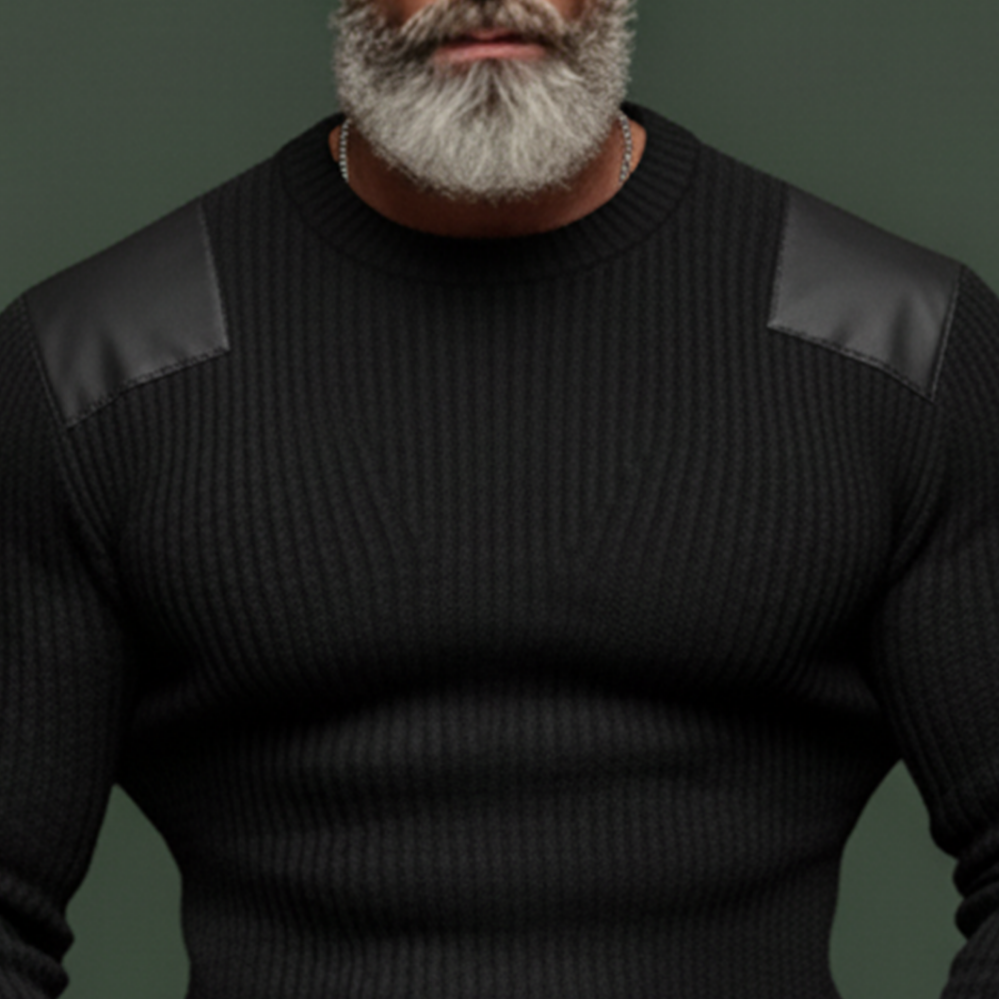 Men's Classic Casual  PU Leather Shoulder Slim Fit Crew Neck Sweater MTA2496K7K