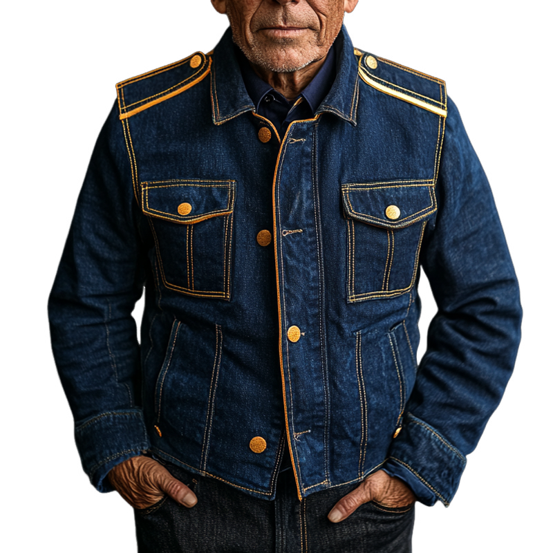 Men's Vintage Washed Navy Multi-Pocket Denim Jacket MTA2411G7X