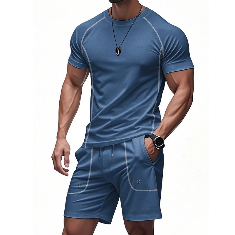 Men's Casual Solid Color Embroidered Short-sleeved Shorts Set MTA1761G7U