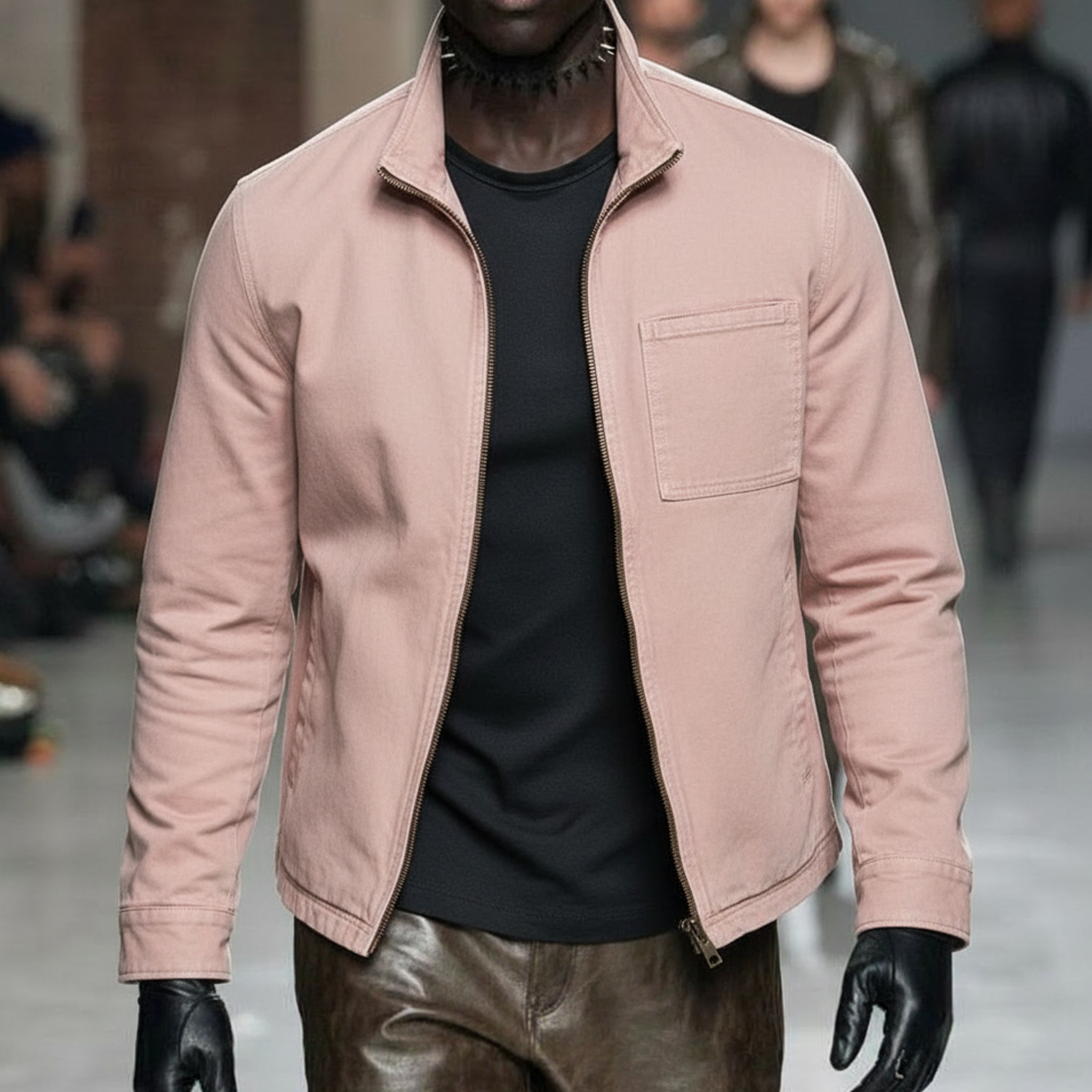 Men's Classic Casual Pink Washed Twill Cotton Zip-up Jacket MTA3016L8K