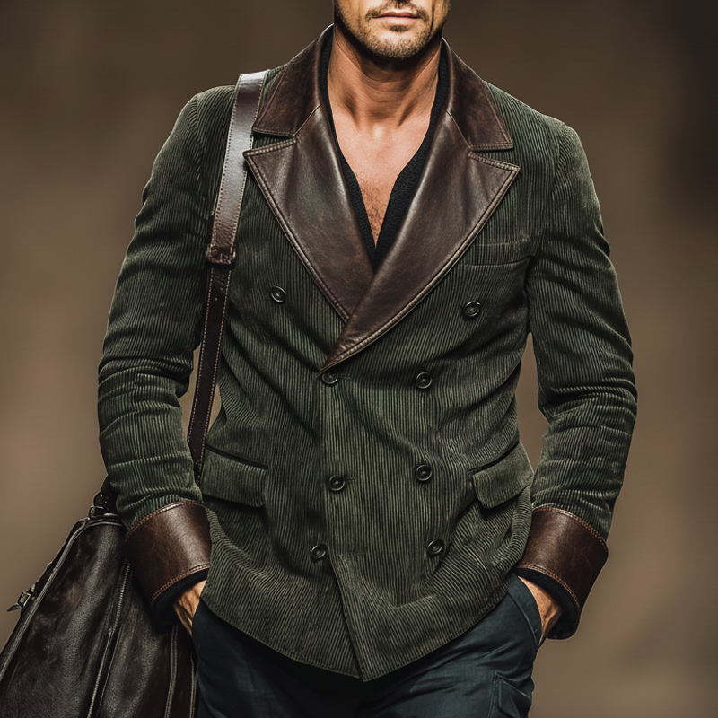 Men's Vintage Corduroy And PU Leather Double-breasted Double-slit Blazer MTA2253J9U