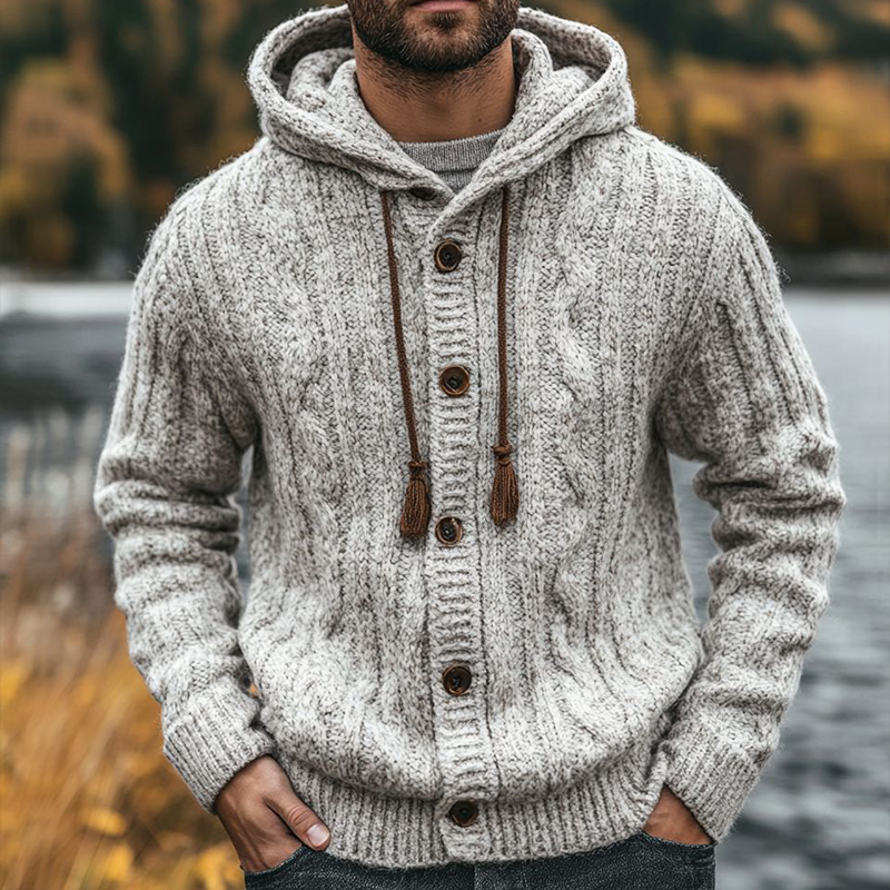 Men's Retro Casual Cable Knit Hooded Button Cardigan MTA0492I8TO