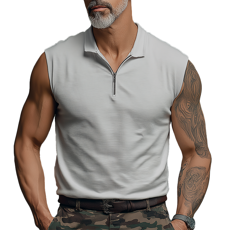 Men's Summer Simple Cotton Blend Sleeveless Zipper Collar Tank Top MTA1642G0P