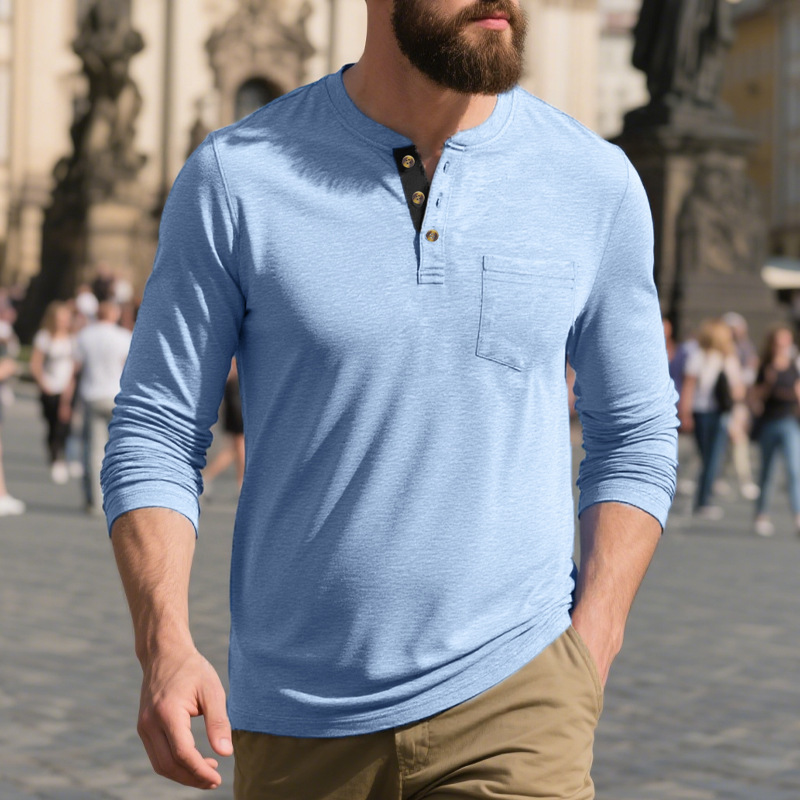 Men's Cotton Blend Colorblock Henley Collar Long Sleeve T-Shirt MTA2837G8X
