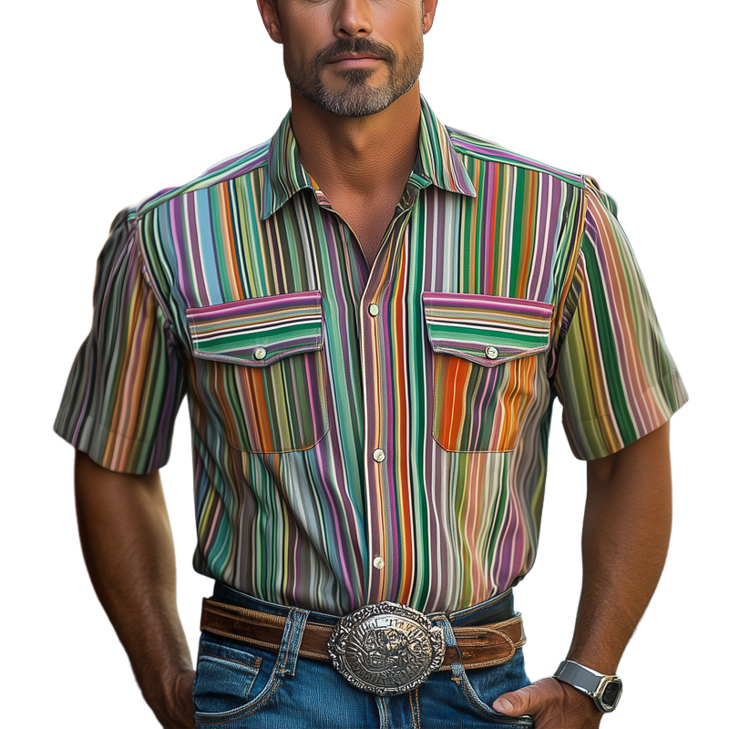 Men's Summer Casual Colorful Striped Printed Short Sleeve Shirt MTA0582F1U
