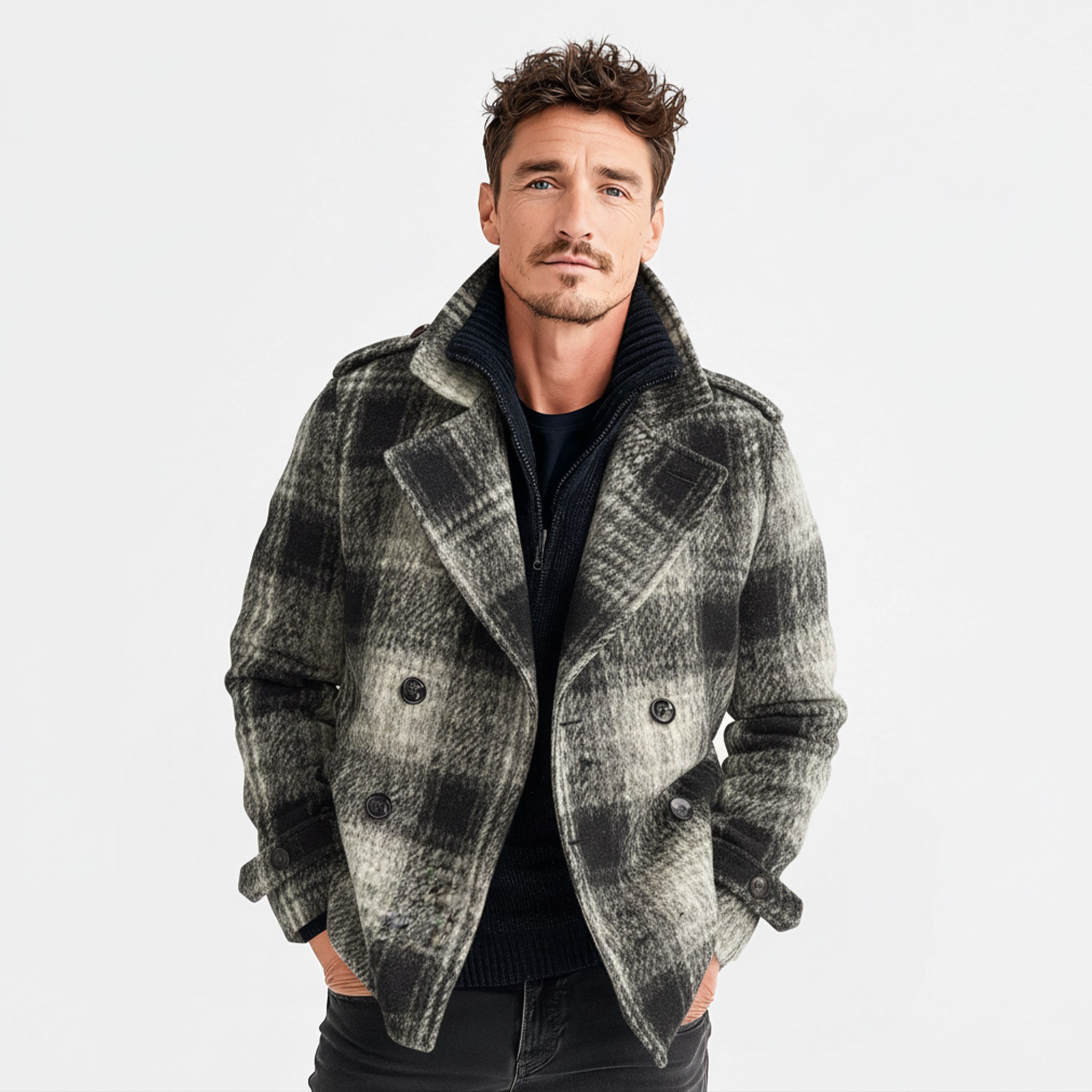 Men's Classic Light Business Lapel Double-breasted Faux Plaid Wool Jacket MTA3017I8K