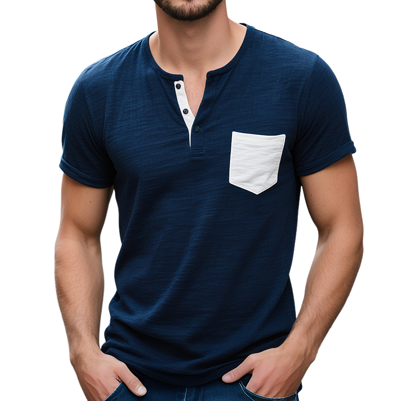 Herre bomull vintage casual fargeblokklomme Henley kortermet T-skjorte MTA0764G1TO