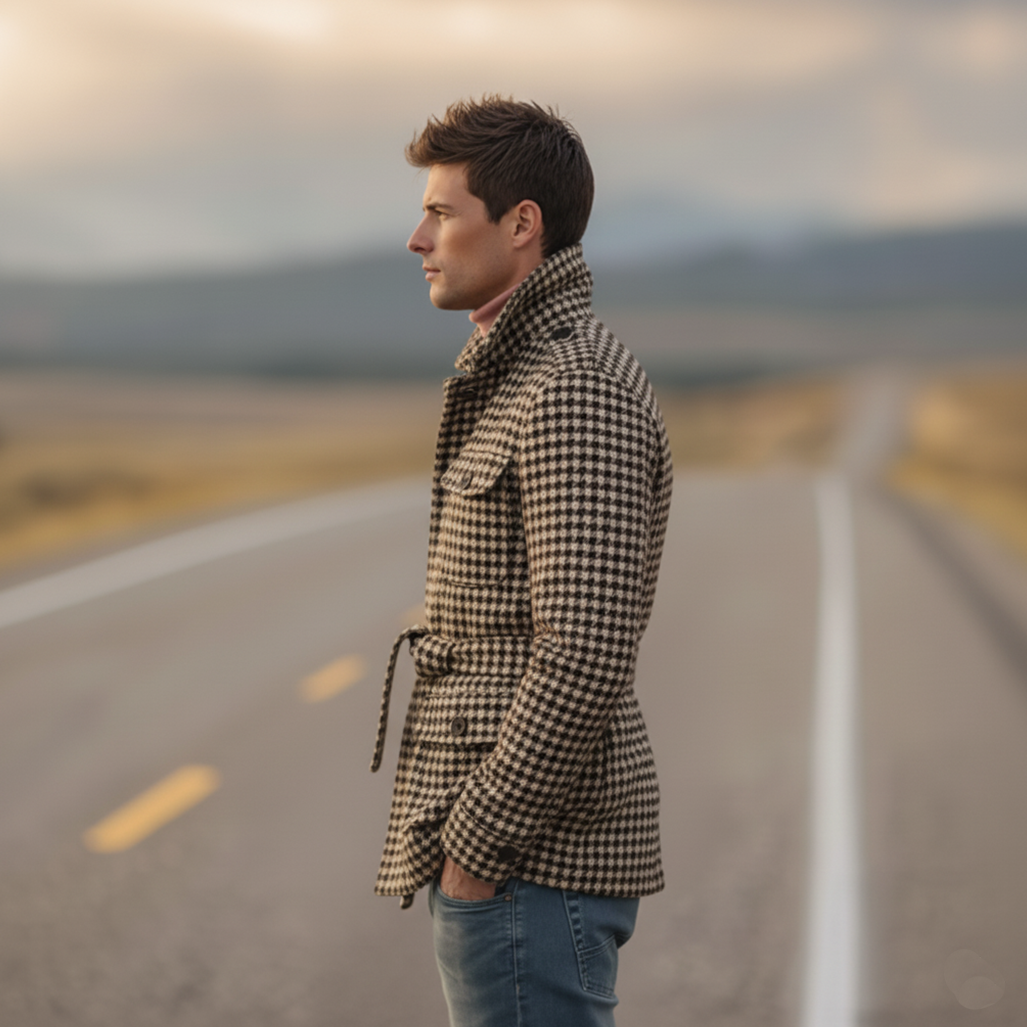 Men's Classic Retro Stand-up Collar Multi-pocket Faux Houndstooth Wool Jacket (including Belt) MTA0643K4K