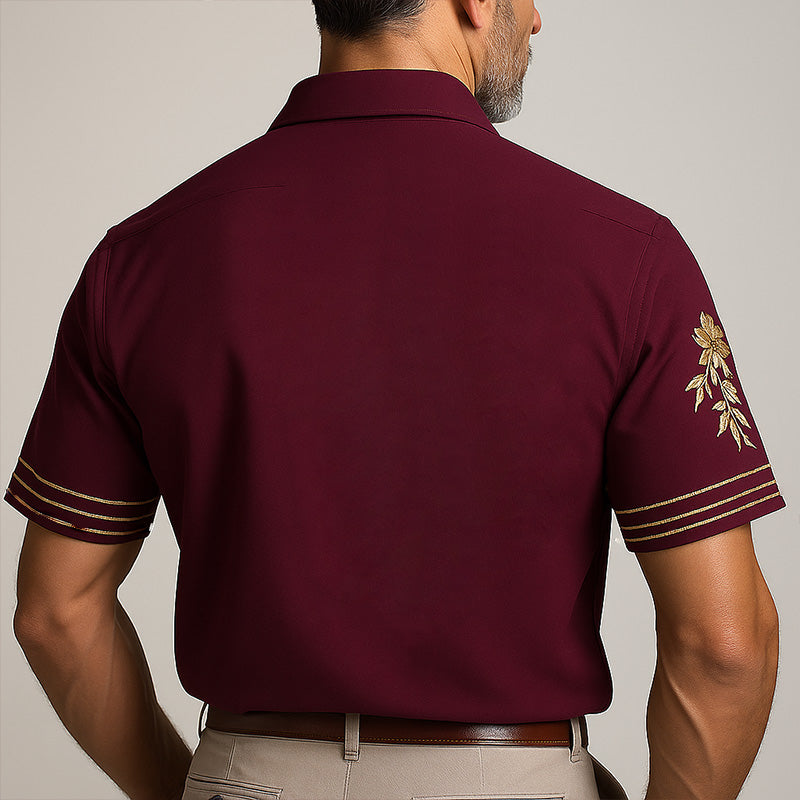 Men's Summer Fashion Floral Embroidery Cotton And Linen Short Sleeve Shirt MTA1589E7P