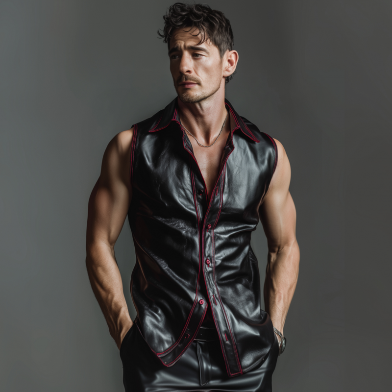 Men's Fashion PU Lapel Single Breasted Slim Fit Sleeveless Shirt MTA2784F9M