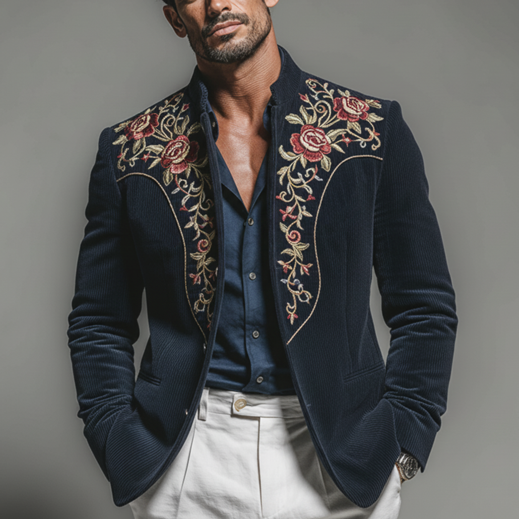 Men's Classic Retro Embroidered Corduroy Stand Collar Single-breasted Jacket MTA2946K9K