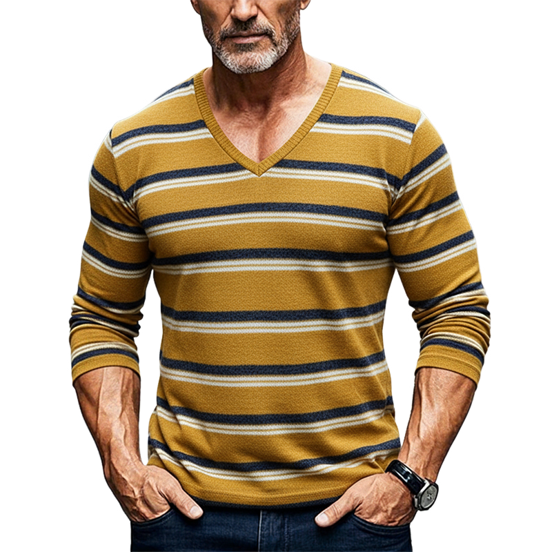 Men's Casual Striped Jacquard Knit V-Neck Sweater MTA0186K3X