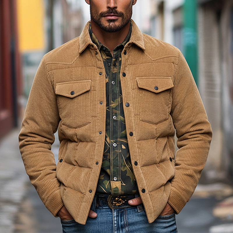 Men's Vintage Corduroy Lapel Solid Color Padded Jacket MTA1466J6X