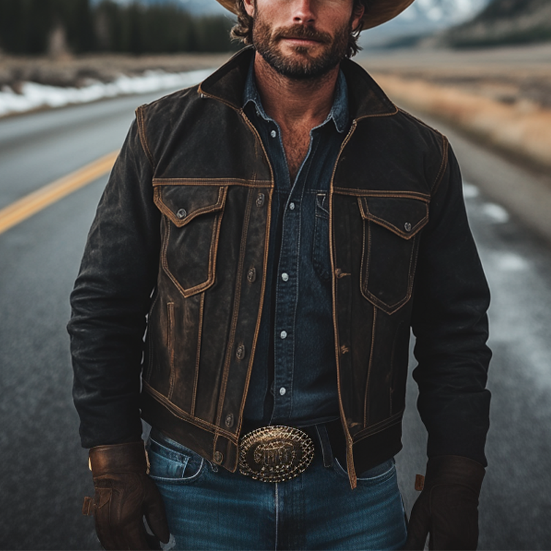 Men's Vintage Distressed Washed Denim Button-down Jacket MTA0370K7X