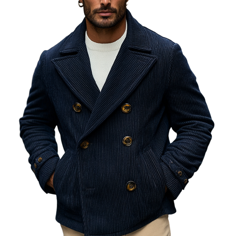 Men's Vintage Solid Color Corduroy Lapel Double Breasted Jacket MTA0169I7X