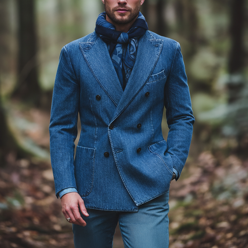 Men's Retro Minimalist Washed Denim Double-Breasted Suit Jacket MTA2142K5P