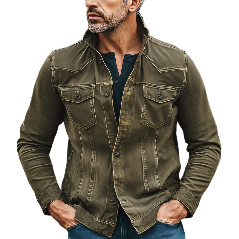 Men's Classic Faded Stand Collar Denim Jacket MTA0178I3U