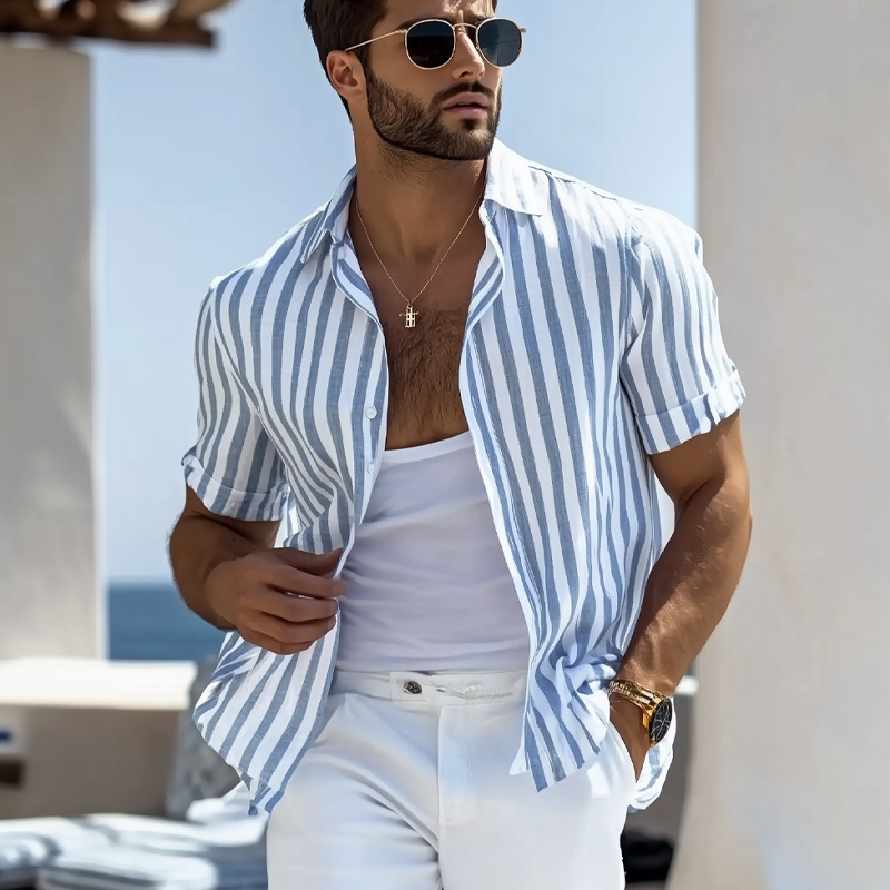 Men's Cotton And Linen Striped Short-sleeved Shirt MTA2106G1X