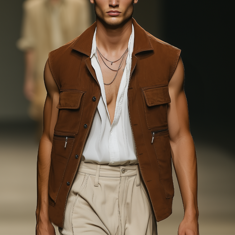 Men's Classic Suede Button Multi-Pocket Vest MTA1621F3U
