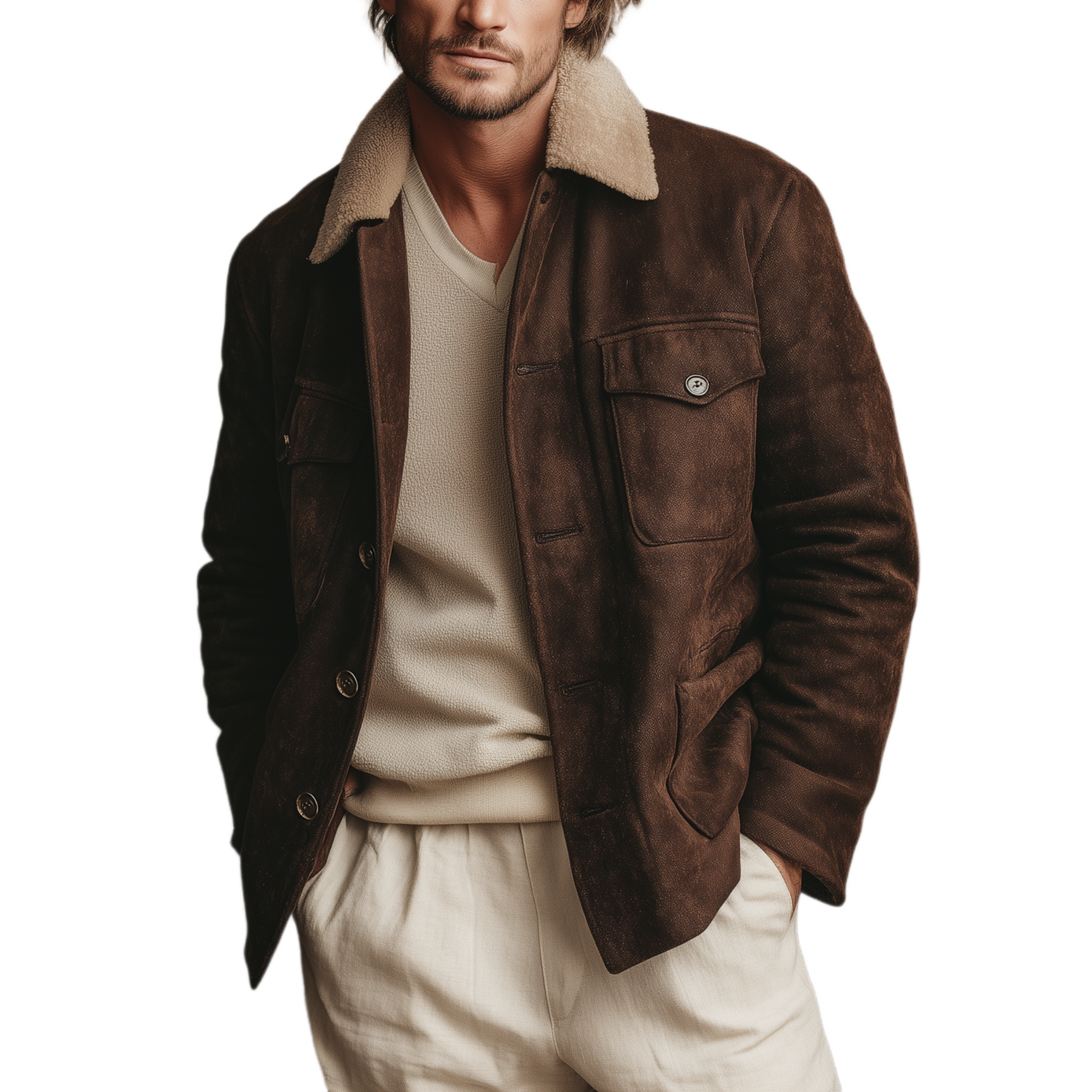 Men's Classic Vintage Detachable Fur Collar Faux Suede Multi-pocket Jacket MTA1000J3K