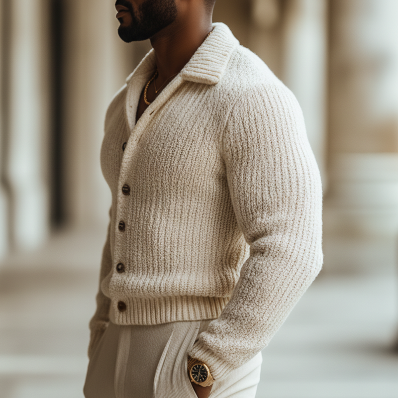 Men's Retro Beige Coarse Textured Slim Fit Knit Cardigan MTA0618K8U
