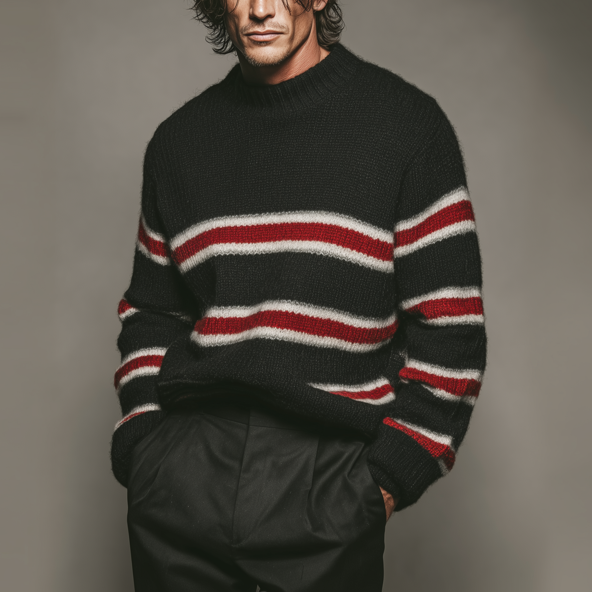 Men's Classic Casual Crew Neck Contrast Stripe Sweater MTA1835I3K