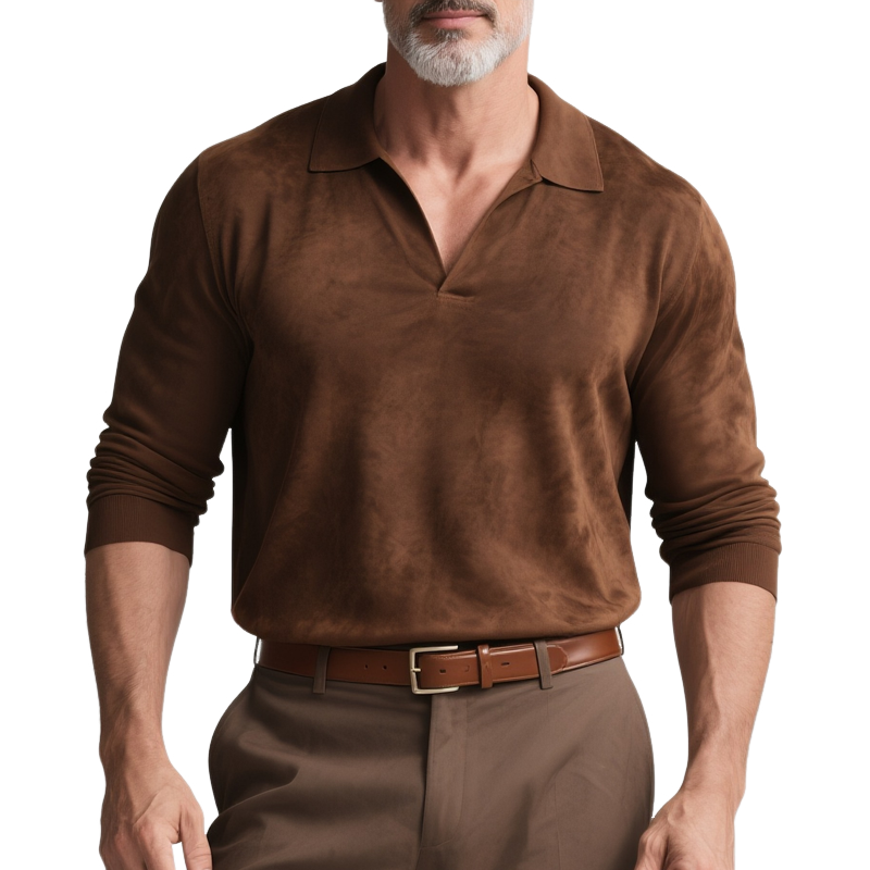 Men's Solid Faux Suede Lapel Long Sleeve Polo Shirt MTA2875G6Z