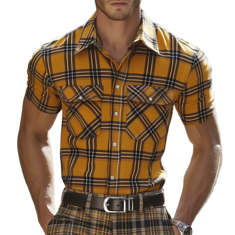 Men's Summer Classic Yellow Plaid Short Sleeve Shirt MTA2114G6U