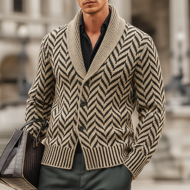 Men's Classic Light Khaki Zigzag Jacquard Lapel Knit Cardigan MTA2111J4U