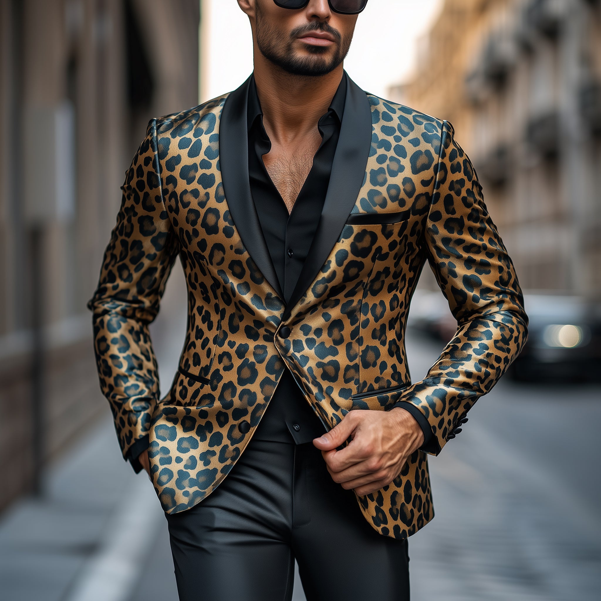 Men's Stylish Colorblock Leopard Print Satin Patchwork Shawl Collar Single-breasted Slim-fit Blazer MTA2802G2M