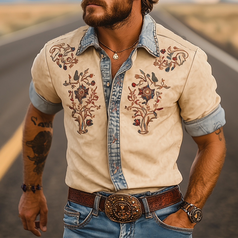 Men's Summer Fashion Retro Western Cowboy Style Denim Stitching Suede Embroidery Short-sleeved Shirt MTA2893D9K
