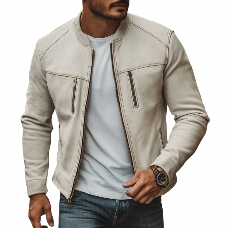 Men's Vintage Solid Color Faux Suede Stand Collar Zipper Placket Slim Fit Jacket MTA0539H2M